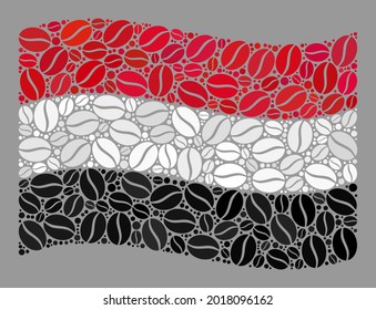 Mosaic waving Yemen flag is created with coffee seed elements. Vector coffee collage waving Yemen flag constructed for coffee shops applications.