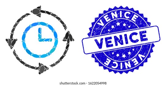 Mosaic wayback clock icon and rubber stamp watermark with Venice text. Mosaic vector is created from wayback clock icon and with randomized ellipse spots. Venice stamp uses blue color,