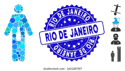 Mosaic WC man icon and rubber stamp seal with Rio De Janeiro phrase. Mosaic vector is formed with WC man icon and with randomized round items. Rio De Janeiro seal uses blue color, and rubber design.