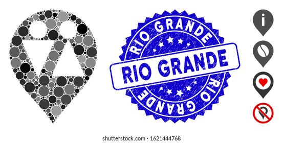 Mosaic WC map marker icon and rubber stamp seal with Rio Grande caption. Mosaic vector is created from WC map marker icon and with scattered round elements. Rio Grande stamp seal uses blue color,