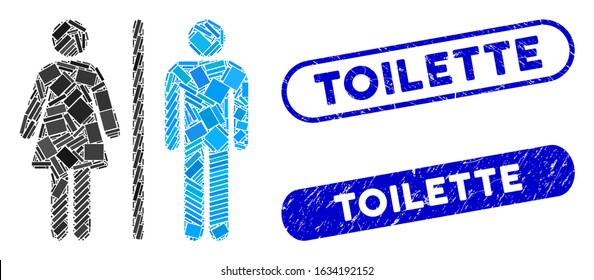 Mosaic WC persons and corroded stamp seals with Toilette caption. Mosaic vector WC persons is composed with randomized rectangle items. Toilette stamp seals use blue color,