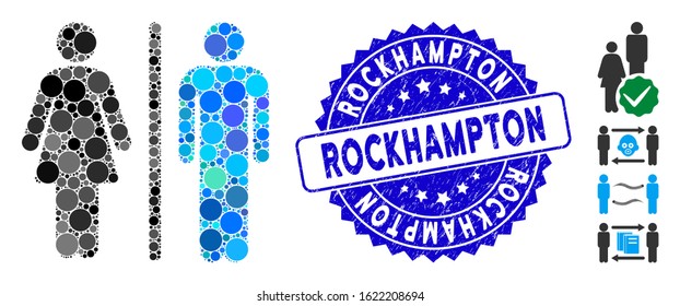 Mosaic WC persons icon and corroded stamp seal with Rockhampton phrase. Mosaic vector is formed with WC persons icon and with random round items. Rockhampton stamp seal uses blue color,