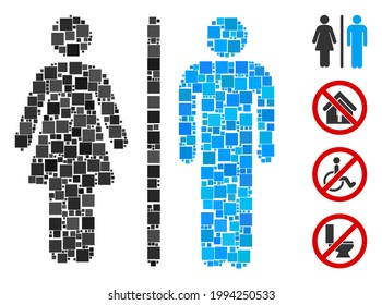 Mosaic WC persons icon organized from square elements in variable sizes and color hues. Vector square elements are united into abstract mosaic WC persons icon. Bonus icons are added.