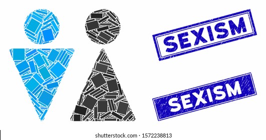 Mosaic WC persons icon and rectangle Sexism stamps. Flat vector WC persons mosaic pictogram of randomized rotated rectangular items. Blue Sexism rubber stamps with rubber surface.