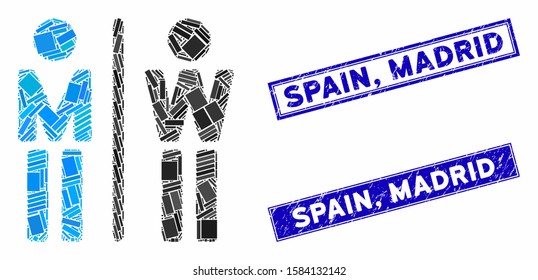 Mosaic WC persons icon and rectangle Spain, Madrid seal stamps. Flat vector WC persons mosaic icon of randomized rotated rectangle elements. Blue Spain, Madrid rubber seals with rubber textures.