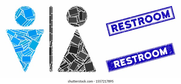 Mosaic WC persons pictogram and rectangle seals. Flat vector WC persons mosaic pictogram of random rotated rectangle items. Blue caption rubber seals with grunged surface.