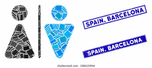 Mosaic WC persons pictogram and rectangle Spain, Barcelona seals. Flat vector WC persons mosaic pictogram of randomized rotated rectangle elements. Blue Spain, Barcelona seals with distress surface.