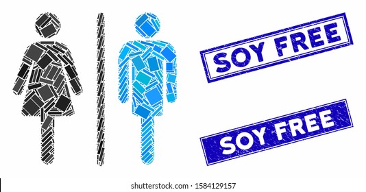 Mosaic WC persons pictogram and rectangle Soy Free seals. Flat vector WC persons mosaic pictogram of random rotated rectangular elements. Blue Soy Free seals with corroded texture.