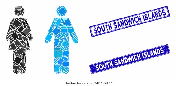 Mosaic WC persons pictogram and rectangle South Sandwich Islands seal stamps. Flat vector WC persons mosaic pictogram of randomized rotated rectangle items.