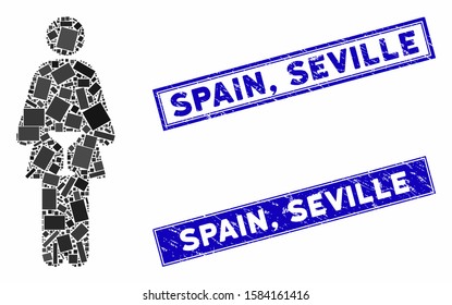Mosaic WC woman pictogram and rectangular Spain, Seville stamps. Flat vector WC woman mosaic pictogram of randomized rotated rectangular elements. Blue Spain, Seville seal stamps with grunge textures.
