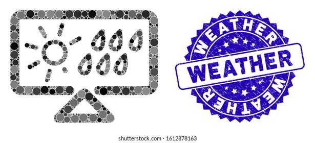 Mosaic weather forecast display icon and corroded stamp seal with Weather phrase. Mosaic vector is designed with weather forecast display icon and with randomized circle items.