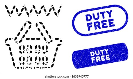 Mosaic web shop basket and grunge stamp seals with Duty Free phrase. Mosaic vector web shop basket is formed with randomized elliptic parts. Duty Free stamp seals use blue color,