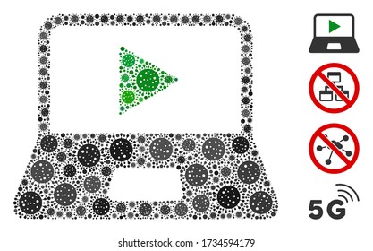 Mosaic webcast laptop composed of covid-2019 virus elements in various sizes and color hues. Vector infection icons are composed into abstract illustration webcast laptop icon.