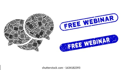 Mosaic webinar and distressed stamp seals with Free Webinar phrase. Mosaic vector webinar is composed with scattered rectangle items. Free Webinar seals use blue color, and have round rectangle shape.