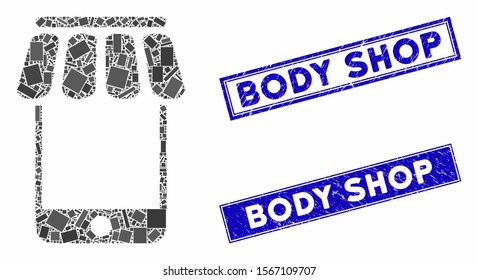 Mosaic webstore icon and rectangle stamps. Flat vector webstore mosaic icon of random rotated rectangle items. Blue caption rubber stamps with grunge texture.