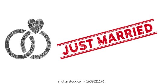 Mosaic wedding rings pictogram and red Just Married seal between double parallel lines. Flat vector wedding rings mosaic pictogram of randomized rotated rectangular elements.