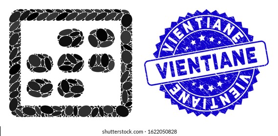 Mosaic week calendar icon and corroded stamp seal with Vientiane phrase. Mosaic vector is created from week calendar icon and with scattered elliptic items. Vientiane stamp seal uses blue color,