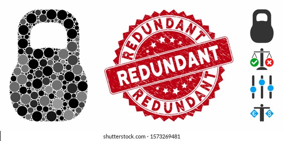 Mosaic weight iron icon and grunge stamp watermark with Redundant phrase. Mosaic vector is created with weight iron pictogram and with scattered spheric spots. Redundant stamp uses red color,