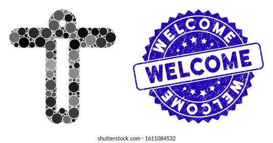 Mosaic welcome person icon and rubber stamp seal with Welcome phrase. Mosaic vector is designed with welcome person icon and with scattered circle spots. Welcome stamp uses blue color,