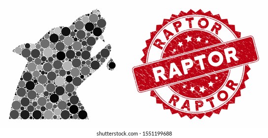 Mosaic werewolf and grunge stamp watermark with Raptor phrase. Mosaic vector is composed with werewolf icon and with random circle spots. Raptor stamp seal uses red color, and rubber texture.