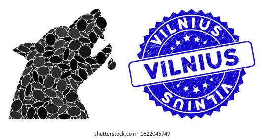 Mosaic werewolf icon and corroded stamp watermark with Vilnius phrase. Mosaic vector is composed with werewolf icon and with scattered oval items. Vilnius stamp uses blue color, and grunge surface.