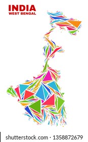 Mosaic West Bengal State map of triangles in bright colors isolated on a white background. Triangular collage in shape of West Bengal State map. Abstract design for patriotic illustrations.