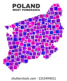 Mosaic West Pomeranian Voivodeship map isolated on a white background. Vector geographic abstraction in pink and violet colors.