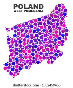 Mosaic West Pomeranian Voivodeship map isolated on a white background. Vector geographic abstraction in pink and violet colors.