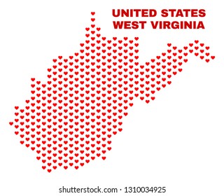 Mosaic West Virginia State map of valentine hearts in red color isolated on a white background. Regular red heart pattern in shape of West Virginia State map. Abstract design for Valentine decoration.