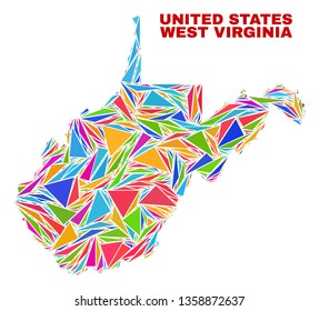 Mosaic West Virginia State map of triangles in bright colors isolated on a white background. Triangular collage in shape of West Virginia State map. Abstract design for patriotic decoration.