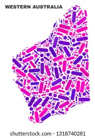 Mosaic Western Australia map isolated on a white background. Vector geographic abstraction in pink and violet colors. Mosaic of Western Australia map combined of scattered circle points and lines.