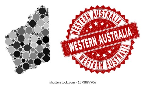 Mosaic Western Australia map and round seal stamp. Flat vector Western Australia map mosaic of randomized spheric elements. Red seal stamp with grunge texture.