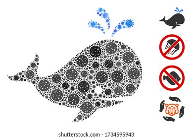 Mosaic whale composed of SARS virus elements in various sizes and color hues. Vector pathogen elements are composed into abstract illustration whale icon. Some bonus icons are added.