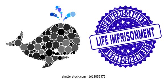 Mosaic whale icon and distressed stamp seal with Life Imprisonment caption. Mosaic vector is created with whale icon and with random circle spots. Life Imprisonment stamp seal uses blue color,
