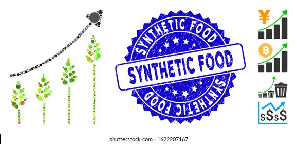 Mosaic wheat growing chart icon and grunge stamp seal with Synthetic Food text. Mosaic vector is formed with wheat growing chart pictogram and with scattered circle items.