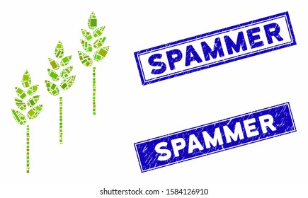 Mosaic wheat plants pictogram and rectangular Spammer rubber prints. Flat vector wheat plants mosaic icon of scattered rotated rectangular elements. Blue Spammer rubber stamps with rubber texture.