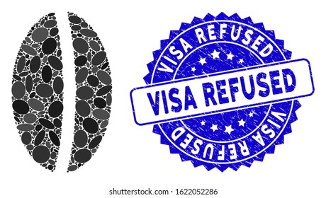Mosaic wheat seed icon and corroded stamp watermark with Visa Refused phrase. Mosaic vector is composed with wheat seed icon and with randomized elliptic items.