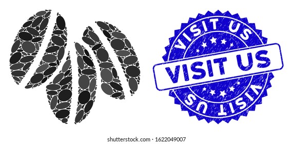 Mosaic wheat seeds icon and rubber stamp watermark with Visit Us phrase. Mosaic vector is formed with wheat seeds icon and with random oval elements. Visit Us stamp uses blue color,