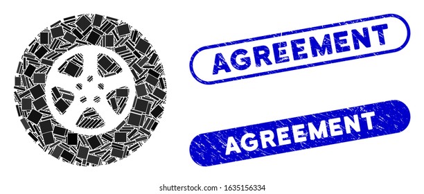 Mosaic wheel and corroded stamp seals with Agreement caption. Mosaic vector wheel is composed with randomized rectangle items. Agreement seals use blue color, and have round rectangle shape.