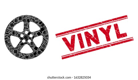 Mosaic wheel cover icon and red Vinyl rubber print between double parallel lines. Flat vector wheel cover mosaic icon of random rotated rectangle items. Red Vinyl rubber stamp with rubber texture.