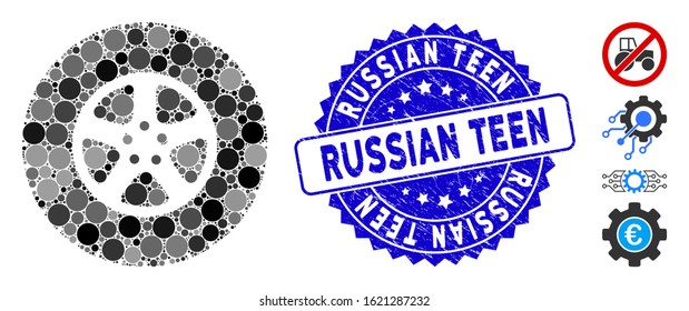 Mosaic wheel icon and grunge stamp watermark with Russian Teen caption. Mosaic vector is designed from wheel icon and with random circle elements. Russian Teen seal uses blue color,