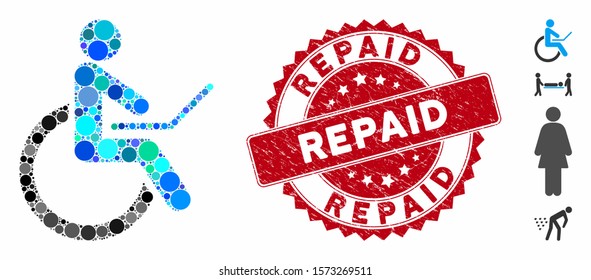 Mosaic wheelchair icon and corroded stamp seal with Repaid phrase. Mosaic vector is composed from wheelchair icon and with random spheric spots. Repaid stamp seal uses red color,