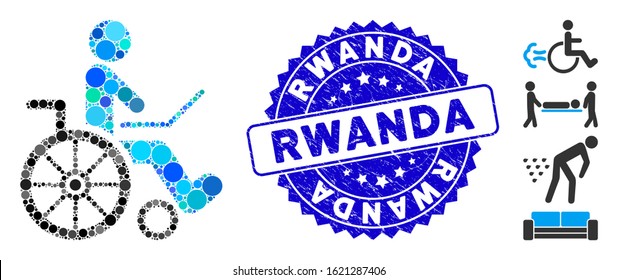 Mosaic wheelchair icon and grunge stamp watermark with Rwanda caption. Mosaic vector is designed with wheelchair icon and with random round elements. Rwanda stamp uses blue color, and dirty texture.