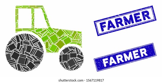 Mosaic wheeled tractor pictogram and rectangular seals. Flat vector wheeled tractor mosaic pictogram of randomized rotated rectangular items. Blue caption seals with scratched textures.