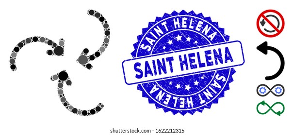 Mosaic whirlpool rotation arrows icon and grunge stamp watermark with Saint Helena phrase. Mosaic vector is composed from whirlpool rotation arrows icon and with scattered circle elements.