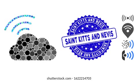 Mosaic Wi-Fi cloud icon and grunge stamp seal with Saint Kitts and Nevis phrase. Mosaic vector is composed with Wi-Fi cloud icon and with scattered spheric spots.