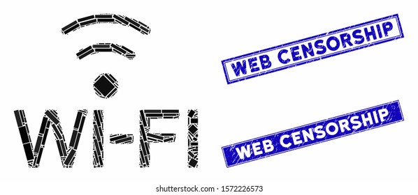 Mosaic Wi-Fi pictogram and rectangle Web Censorship rubber prints. Flat vector Wi-Fi mosaic pictogram of randomized rotated rectangular items. Blue Web Censorship rubber stamps with corroded texture.