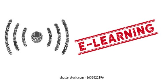 Mosaic Wi-Fi point icon and red E-Learning seal stamp between double parallel lines. Flat vector Wi-Fi point mosaic pictogram of random rotated rectangular items.