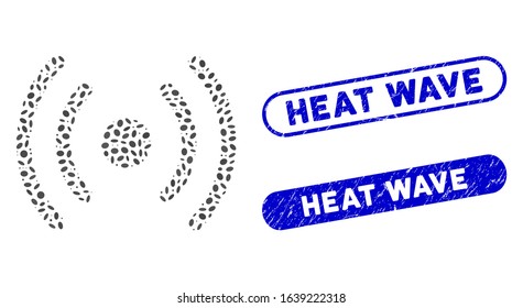 Mosaic Wi-Fi source and grunge stamp watermarks with Heat Wave text. Mosaic vector Wi-Fi source is formed with randomized ellipse parts. Heat Wave stamp seals use blue color,