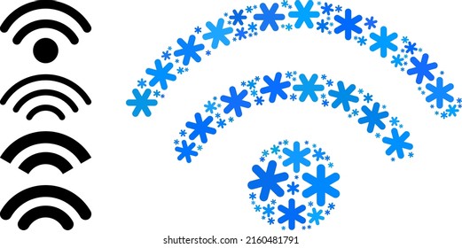 Mosaic Wi-Fi source icon is organized for winter, New Year, Christmas. Wi-Fi source icon mosaic is organized from light blue snow flakes. Some similar icons are added.